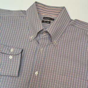 J.McLaughlin Shirt Mens Large Slim Fit Button Up Plaid Blue Orange 100% Cotton